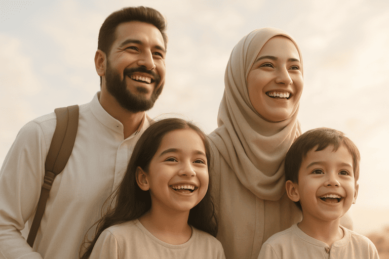 Keluarga Muslim yang begitu senang bisa melakukan ibadah umroh