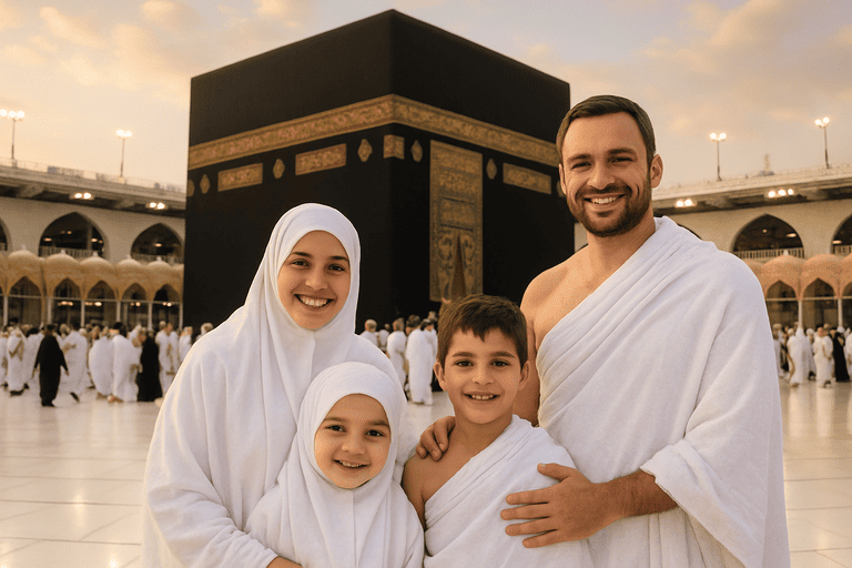 foto keluarga dengan view Kabaah di mekkah