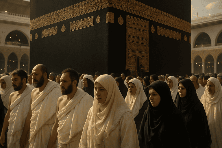 Para Jamaah Sedang berdiri di depan kaabah 