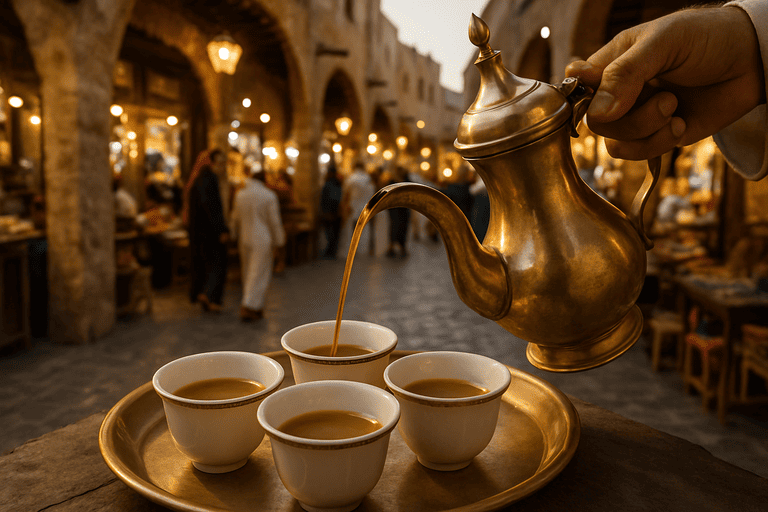 Kopi khas arab (Qahwa) yang sedang dituangkan kedalam cangkir untuk dinikmati bersama-sama
