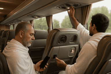 Fasilitas dan perlengkapan yang disediakan di dalam bus untuk meningkatkan kenyamanan para jamaah umroh