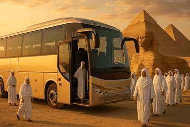 Para jamaah umroh yang telah tiba dan turun dari dalam bus di piramida giza mesir 