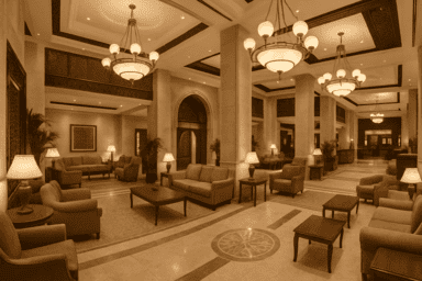 Gambaran lobby hotel madinah yang sangat luas dan megah