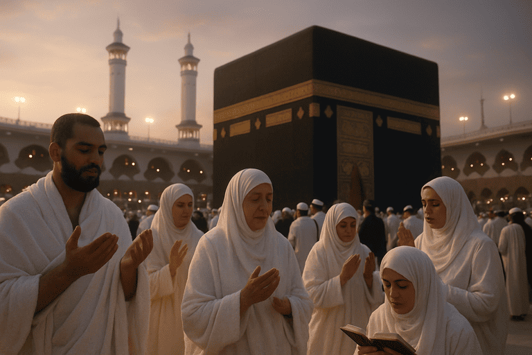 Para jamaah umroh yang sedang menjalankan dan melaksanakan ibadah umroh di bulan suci ramadhan