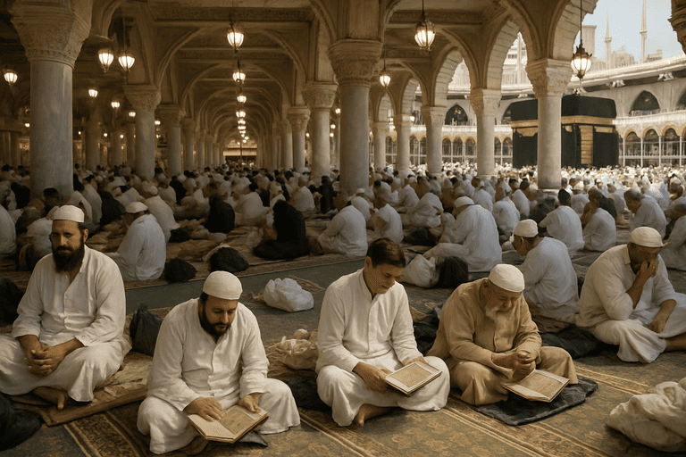 Para jamaah umroh yang sedang melaksanakan ibadah dan bertadarus di masjidil haram