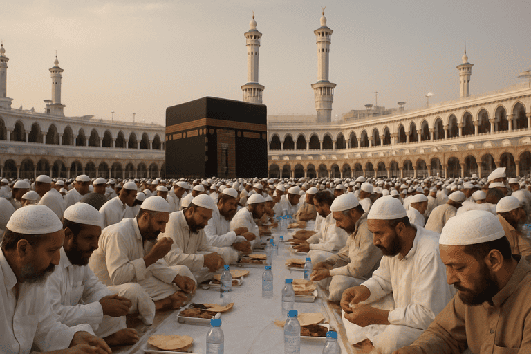 Suasana iftar di masjidil haram bersama para jamaah umroh di bulan ramadhan