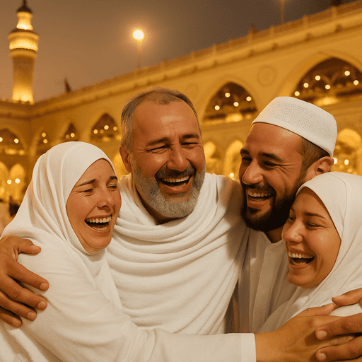 Jamaah umroh yang sedang berpelukan dan merasakan kebahagiaan