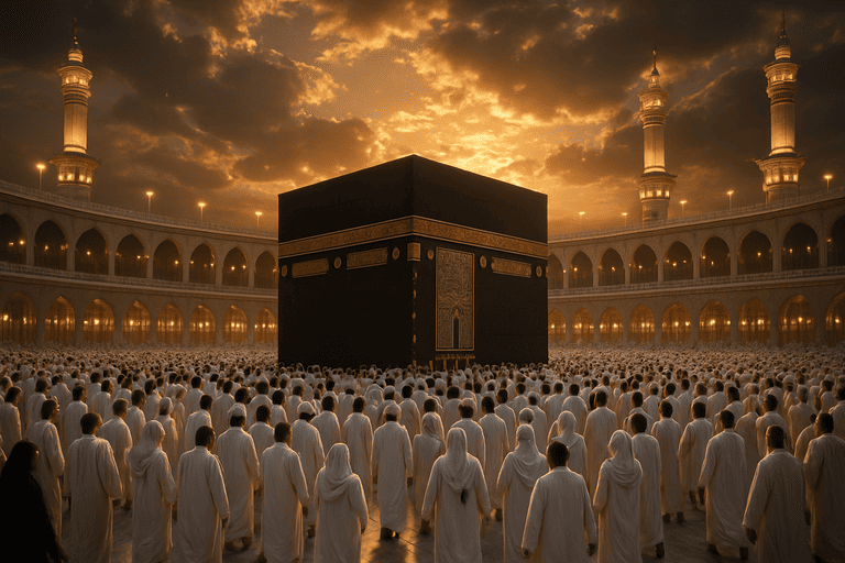 Pemandangan kaabah yang sangat indah dihiasi dengan langit yang cerah dan para jamaah umroh