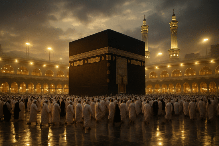 Kaaba di Masjidil Haram saat senja, dengan ribuan jamaah melakukan tawaf.