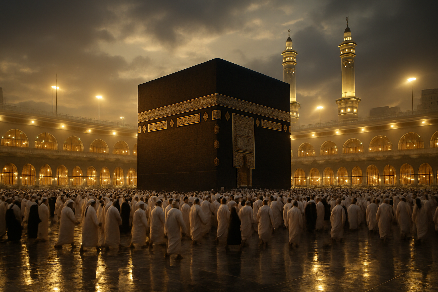 Kaaba di Masjidil Haram saat senja, dengan ribuan jamaah melakukan tawaf.