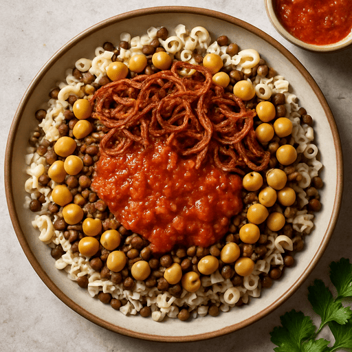 kushari makanan berasal dari mesir yang terbuat dari kacang merah, nasi, makaroni dan saus tomat 