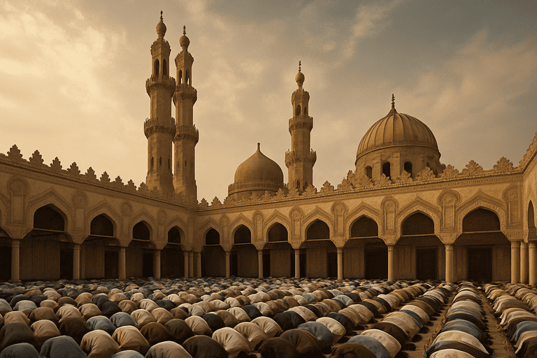 Kegiatan menunaikan ibadah di masjid Al-Azhar yang megah