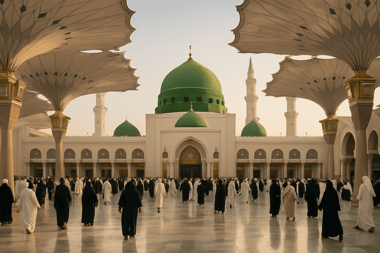 Sejumlah jamaah yang sedang berjalan di halaman masjid nabawi