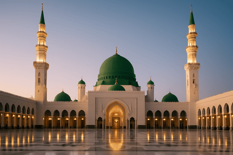 Pemandangan Masjid Nabawi yang sangat indah dan megah dengan kubah hijau