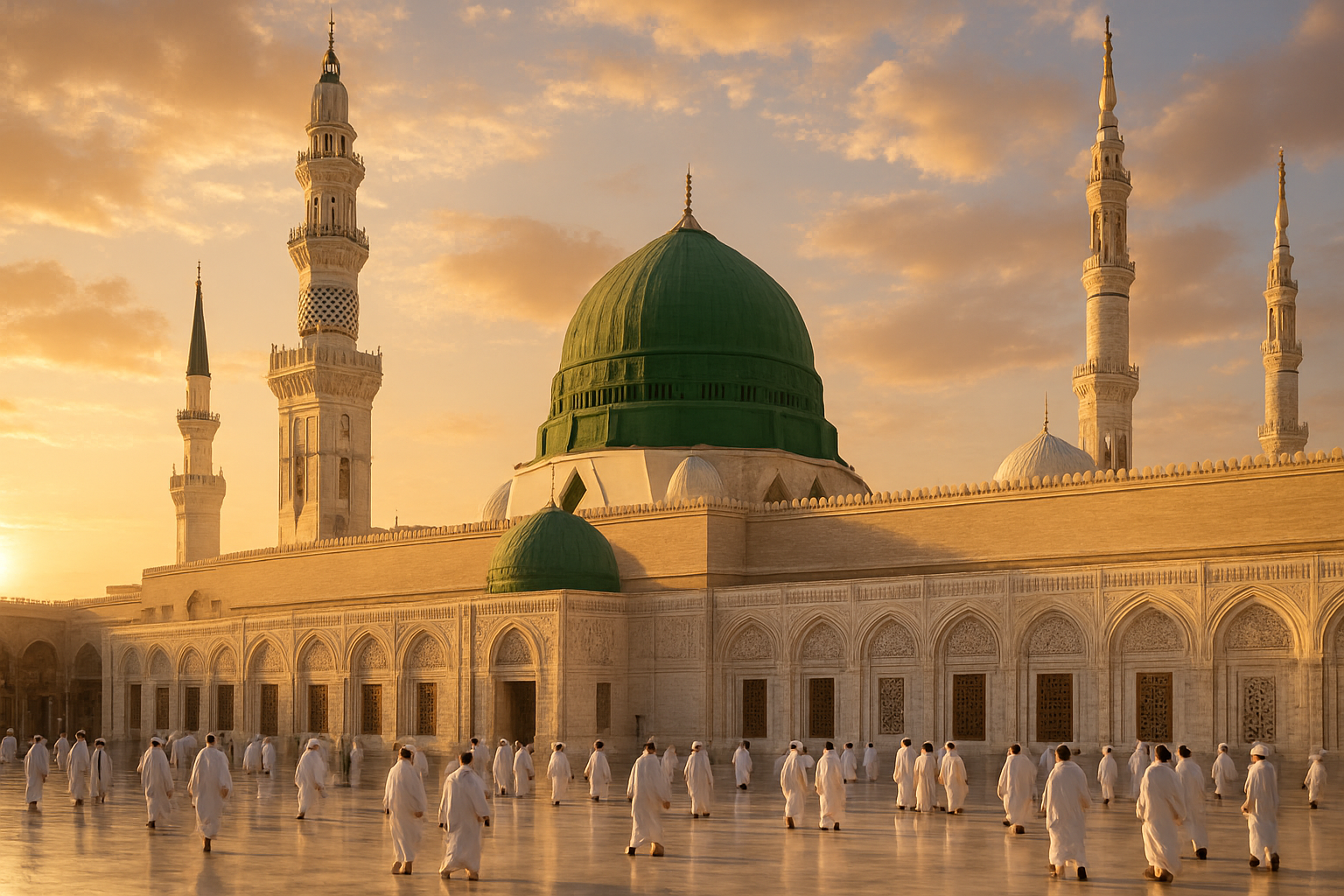 Masjid Nabawi di Madinah saat jam emas, dengan kubah hijau yang ikonik.