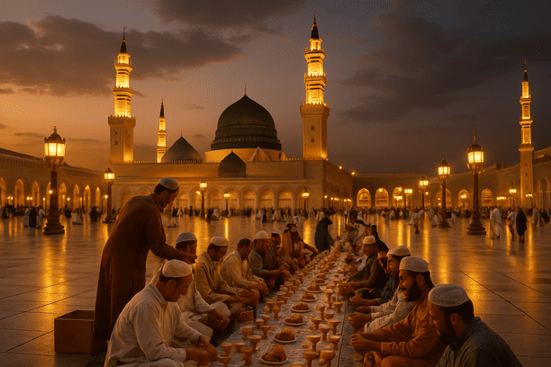 Suasana berbuka puasa bersama jamaah umroh di pelataran masjid Nabawi