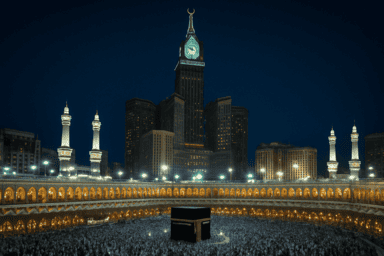 Pemandangan masjidil haram di malam hari dengan ribuan jamaah yang mengelilingi kaabah