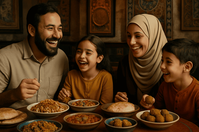 Makan makanan khas mesir bersama keluarga
