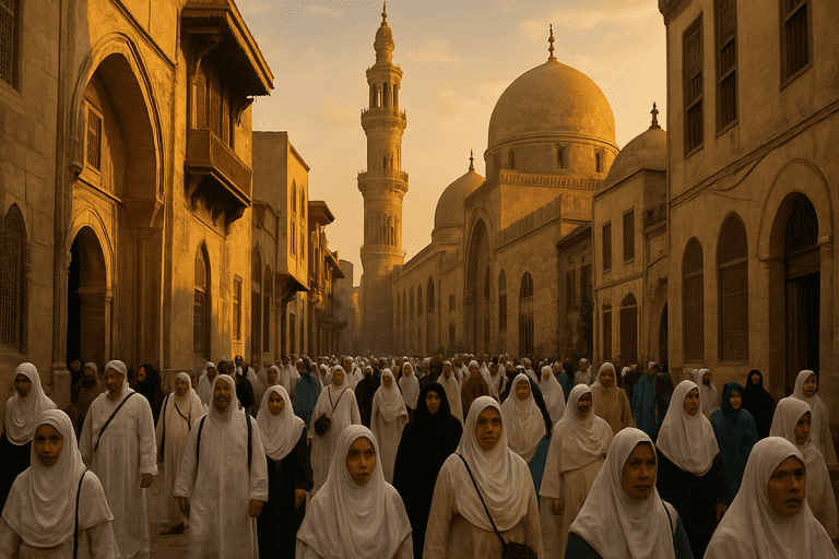 Pemandangan jalan yang ramai di antara bangunan-bangunan yang berada di mesir