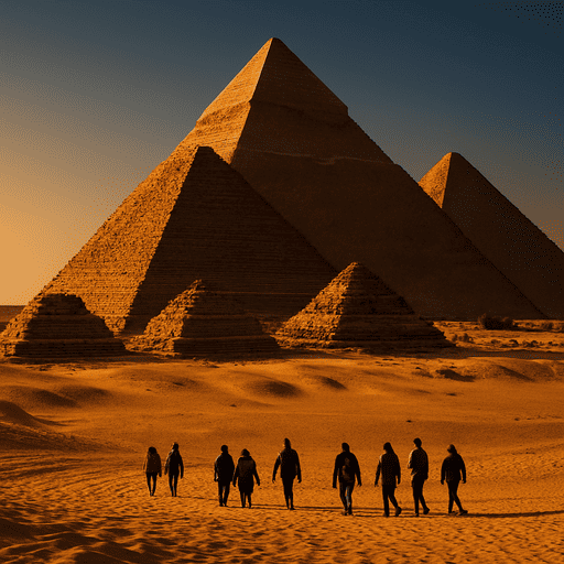 Para jemaah umroh yang sedang melihat pemandangan indah piramida giza yang berada di mesir