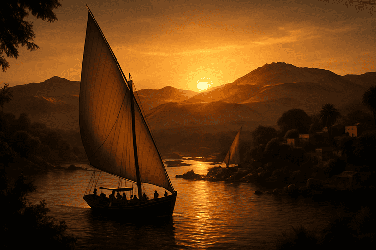 Pemandangan sungai nil dengan view matahari terbenam yang sangat indah