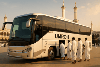 Bus AC rombongan jamaah umroh dengan fasilitas bus yang mewah