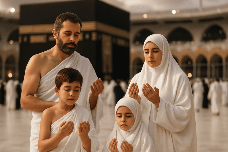 Foto keluarga yang sedang menjalankan ibadah umroh