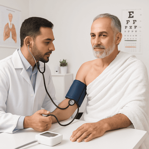 Dokter yang sedang memeriksa tekanan darah jamaah umroh