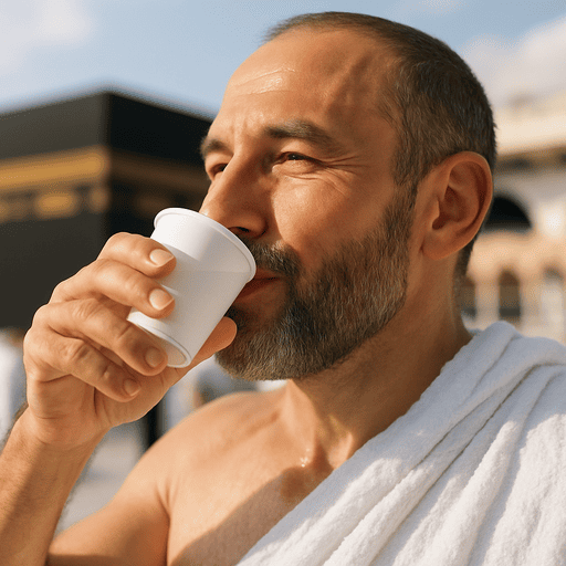 Jamaah umroh yang sedang meminum air zam-zam di mekkah