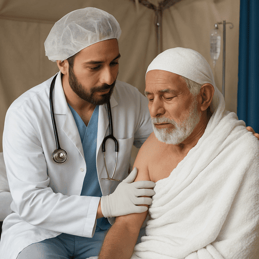 Dokter sedang merawat jamaah umroh yang jatuh sakit