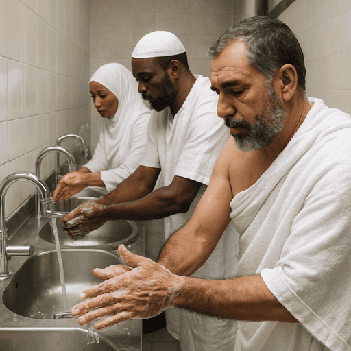 Jamaah umroh sedang mencuci tangan dan menjaga kebersihannya selamaya ibadah umroh