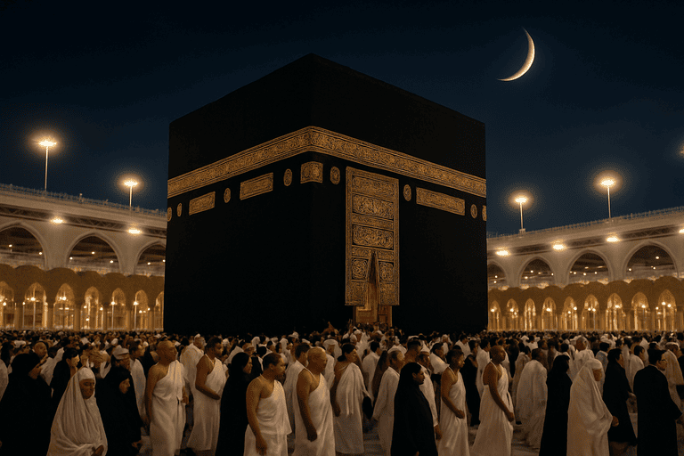 Suasana masjidil haram di malam hari dengan para jamaah umroh yang sedang melaksanakan ibadah
