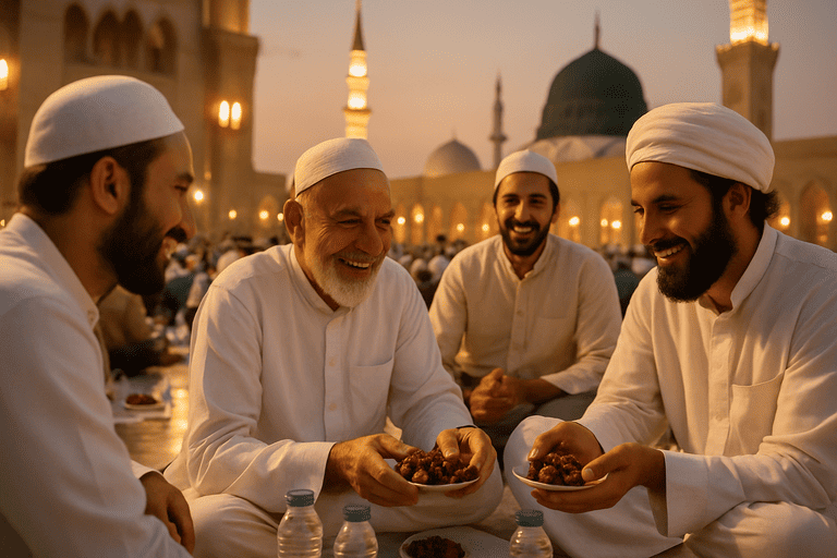 Jamaah umroh yang sedang berbuka puasa bersama dengan sepiring kecil kurma dan air mineral
