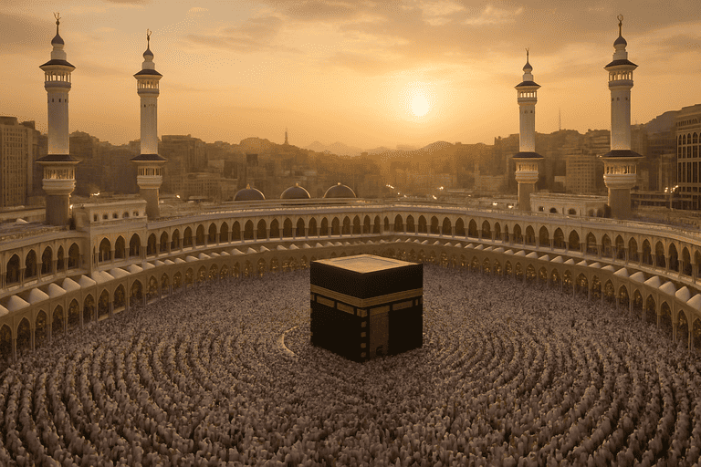 Pemandangan ribuan jamaah yang sedang melaksanakan ibadah umroh di bulan ramadhan