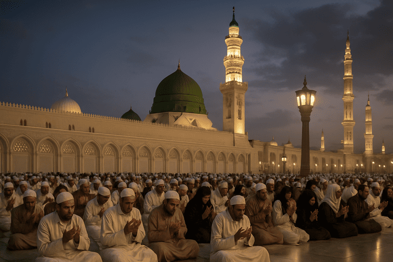 Ribuan Jamaah umroh yang sedang melaksanakan doa bersama sama di majid nabawi