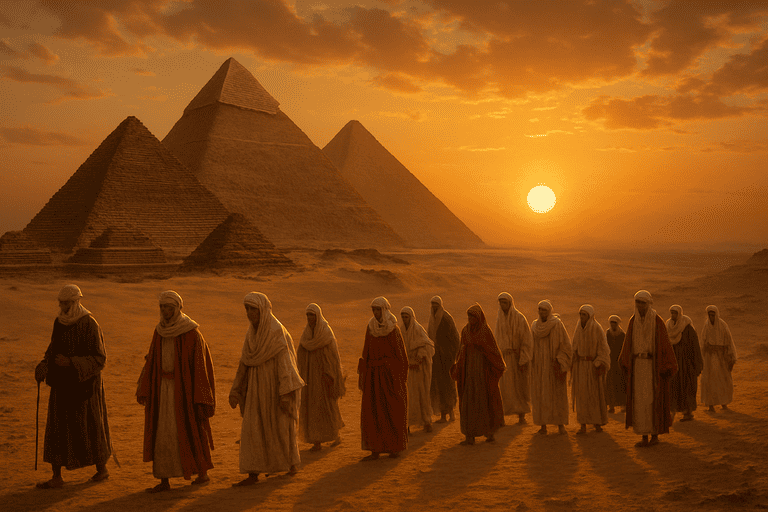 Pemandangan orang-orang yang sedang berjalan dengan view piramida yang berada di mesir