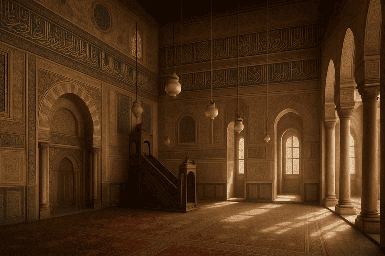 Interior sebuah bangunan dengan arsitektur islam yang berada di masjid nabawi