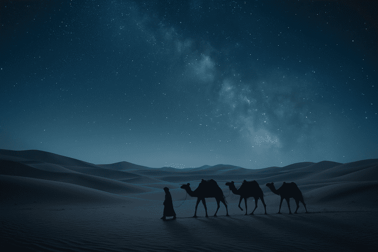 Pemandangan gurun pasir yang sangat indah dimalam hari dengan langit yang dihiasi oleh bintang