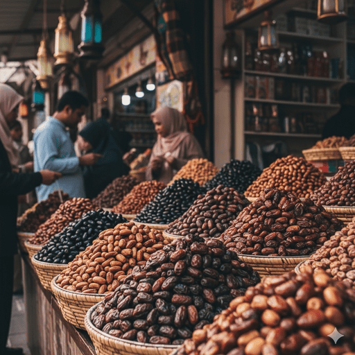 1. Berbagai jenis kurma yang tertata indah di sebuah toko tradisional Arab.
