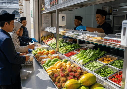 1. Gerai makanan yang bersih dan tertata di Mekah, dengan buah-buahan dan sayuran segar, serta penjual yang memakai sarung tangan.