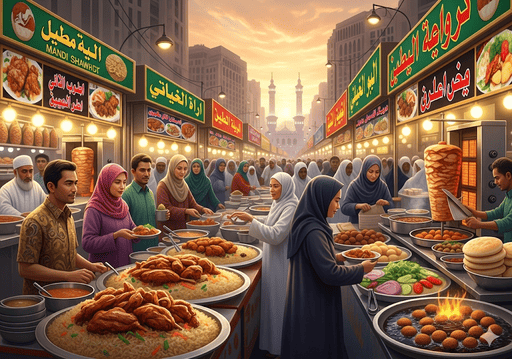 1.Pasar jajanan jalanan yang ramai dan semarak di Mekah saat matahari terbenam, dengan berbagai kios yang menjual hidangan tradisional Arab Saudi