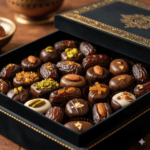 2. Aneka cokelat kurma gourmet dengan berbagai isian, tersusun rapi dalam kotak hadiah.