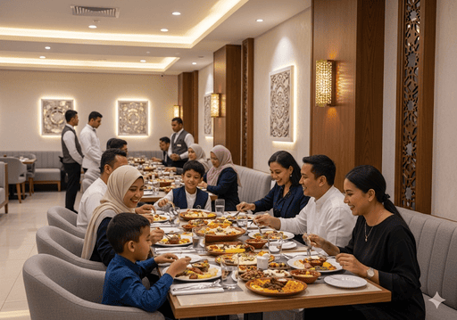 2.Interior restoran halal modern yang bersih di Mekah, dengan keluarga-keluarga yang menikmati makanan tradisional Arab Saudi.