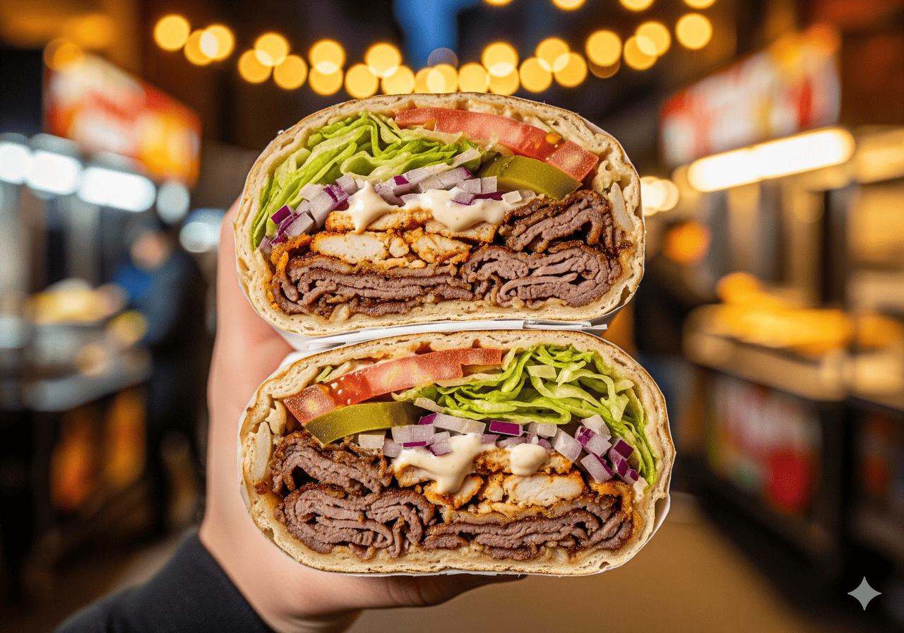 2.Roti lapis Shawarma yang berisi daging panggang, sayuran, dan saus krim, makanan cepat saji yang populer.