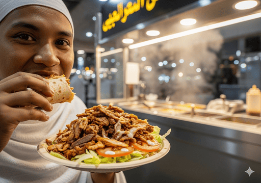 3. Seorang jamaah haji dengan senang hati memakan sepiring Shawarma yang lezat dan baru disiapkan di sebuah kios jajanan jalanan yang bersih dan terang di Mekah.
