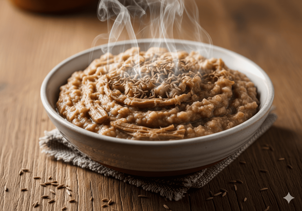 3.Bubur gandum dan daging tradisional yang lembut dan hangat, cocok untuk dinikmati saat sarapan.