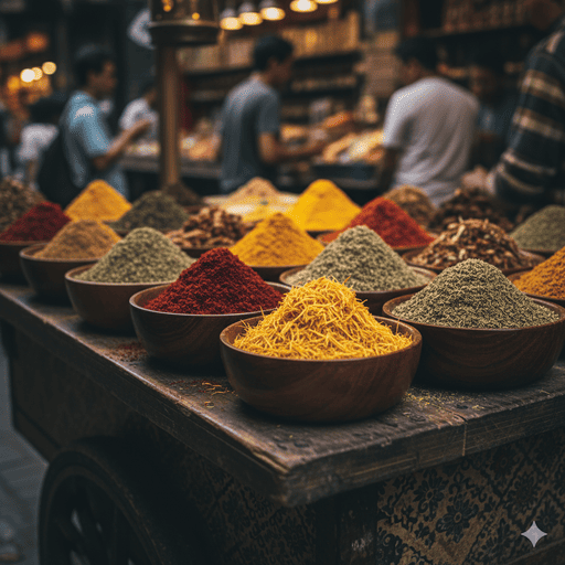 4. Berbagai rempah-rempah Arab berwarna-warni yang dipajang di mangkuk kayu kecil di pasar rempah.