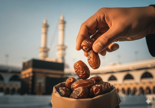 4. Tangan yang sedang mengambil buah kurma segar dari sebuah kantong kecil dengan latar belakang Masjidil Haram yang blur.