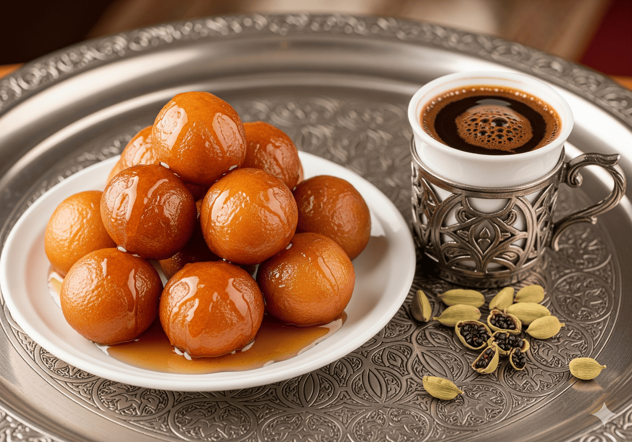 4.Donat bulat kecil yang digoreng hingga keemasan dan disiram sirup manis, hidangan penutup yang lezat.