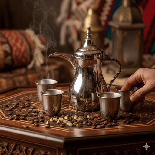 5. Set kopi Arab tradisional, termasuk dallah (pot kopi) dan finjan (cangkir kecil), dengan biji kopi sangrai dan polong kapulaga hijau yang tersebar di sekitarnya.